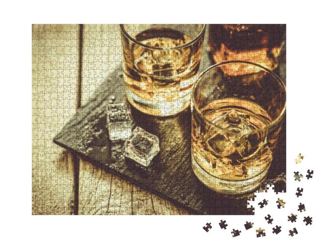 Whiskey with Ice in Glasses, Rustic Wood Background, Copy... Jigsaw Puzzle with 1000 pieces