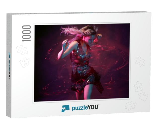 Attractive Dancing Blonde in the Club, Neon Light, Motion... Jigsaw Puzzle with 1000 pieces