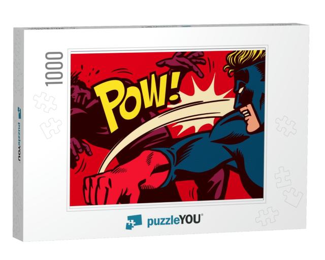 Pop Art Comic Book Style Panel with Superhero Fighting, T... Jigsaw Puzzle with 1000 pieces