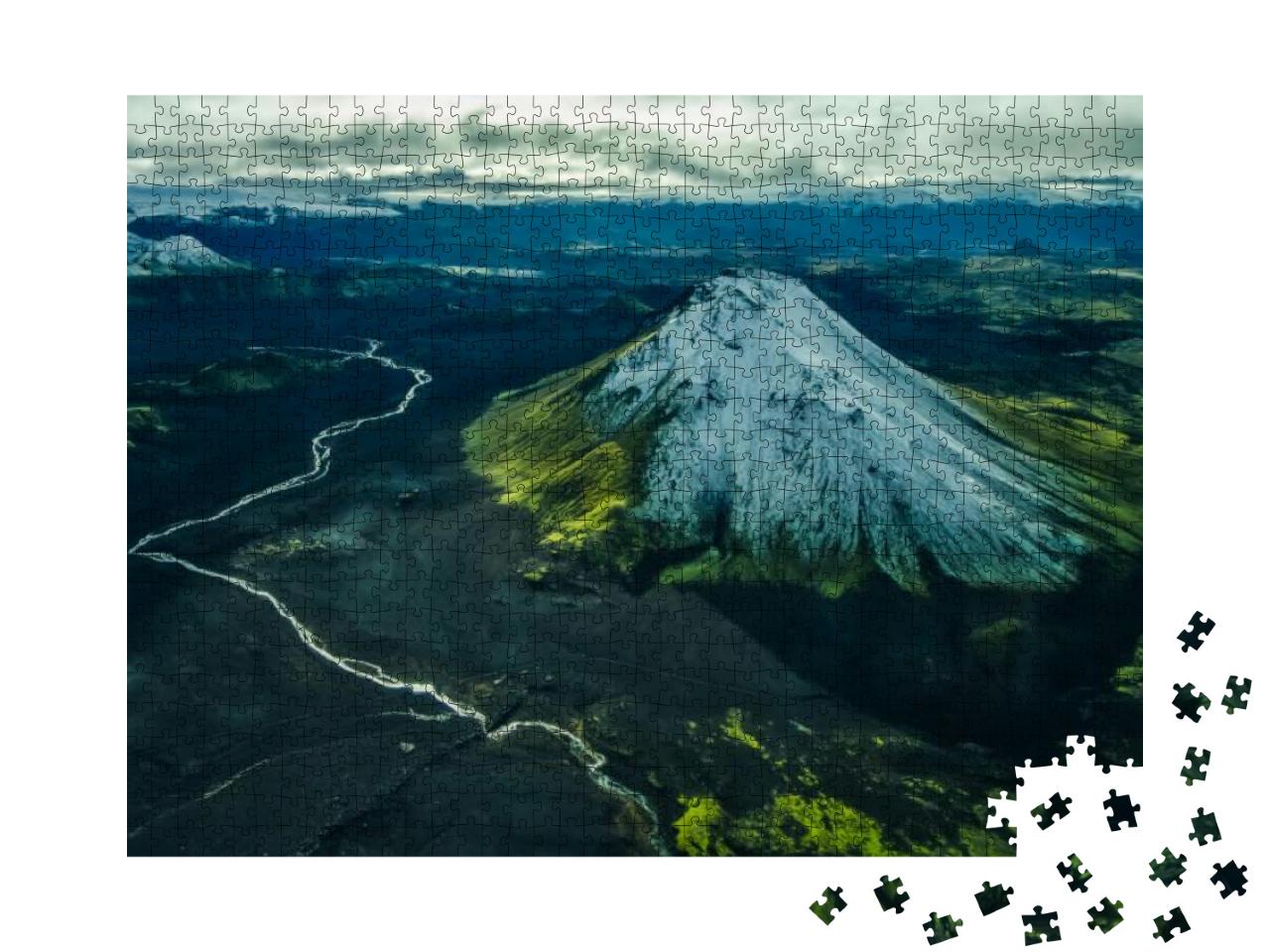 Aerial Landscape of River Flowing Near Snowcapped Volcano... Jigsaw Puzzle with 1000 pieces
