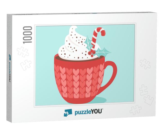 Christmas Hot Chocolate with Cream & Candy Cane. Vector I... Jigsaw Puzzle with 1000 pieces