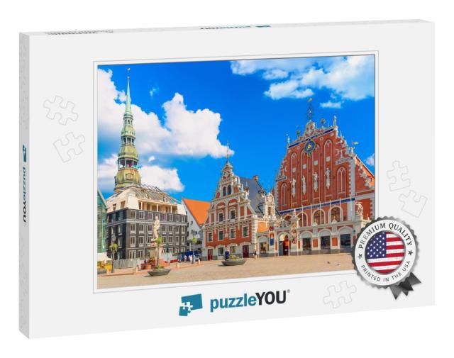 View of the Old Town Ratslaukums Square, Roland Statue, t... Jigsaw Puzzle