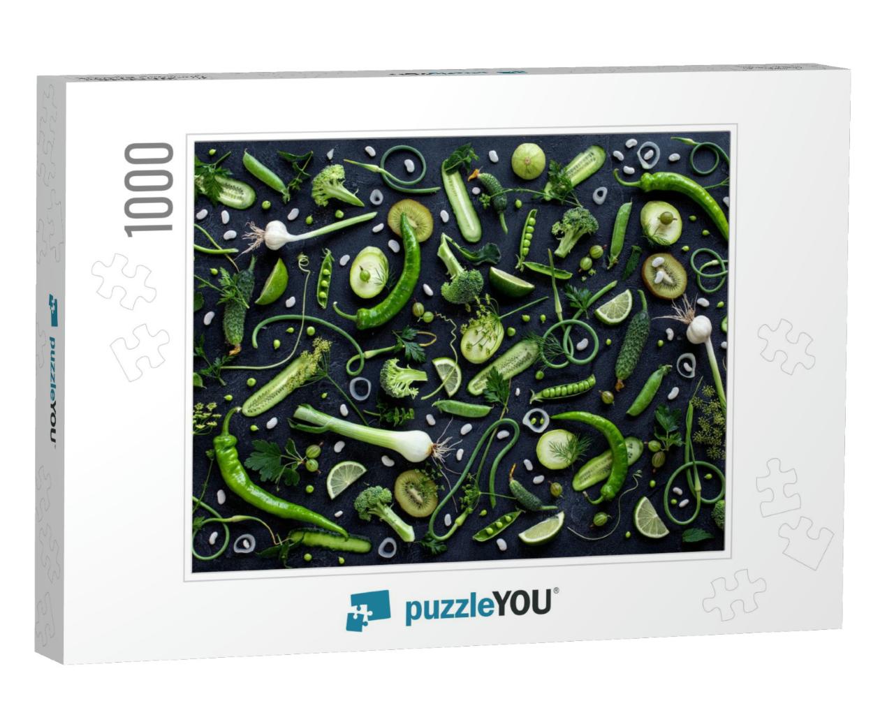 Collection of Fresh Green Fruit & Vegetables on the Black... Jigsaw Puzzle with 1000 pieces