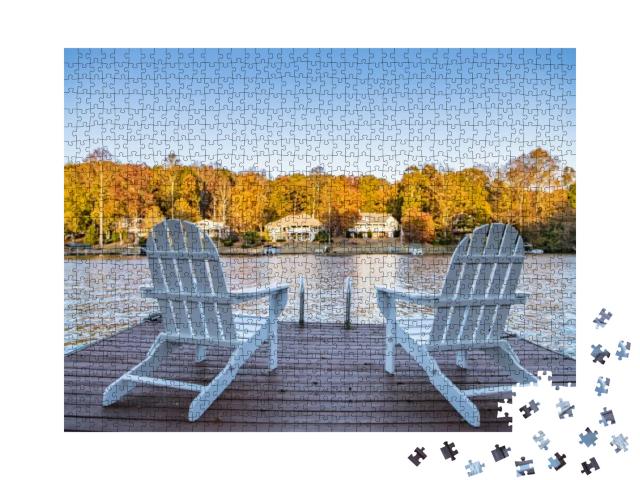 Adirondack Style Chairs on a Dock, Overlooking a Beautifu... Jigsaw Puzzle with 1000 pieces