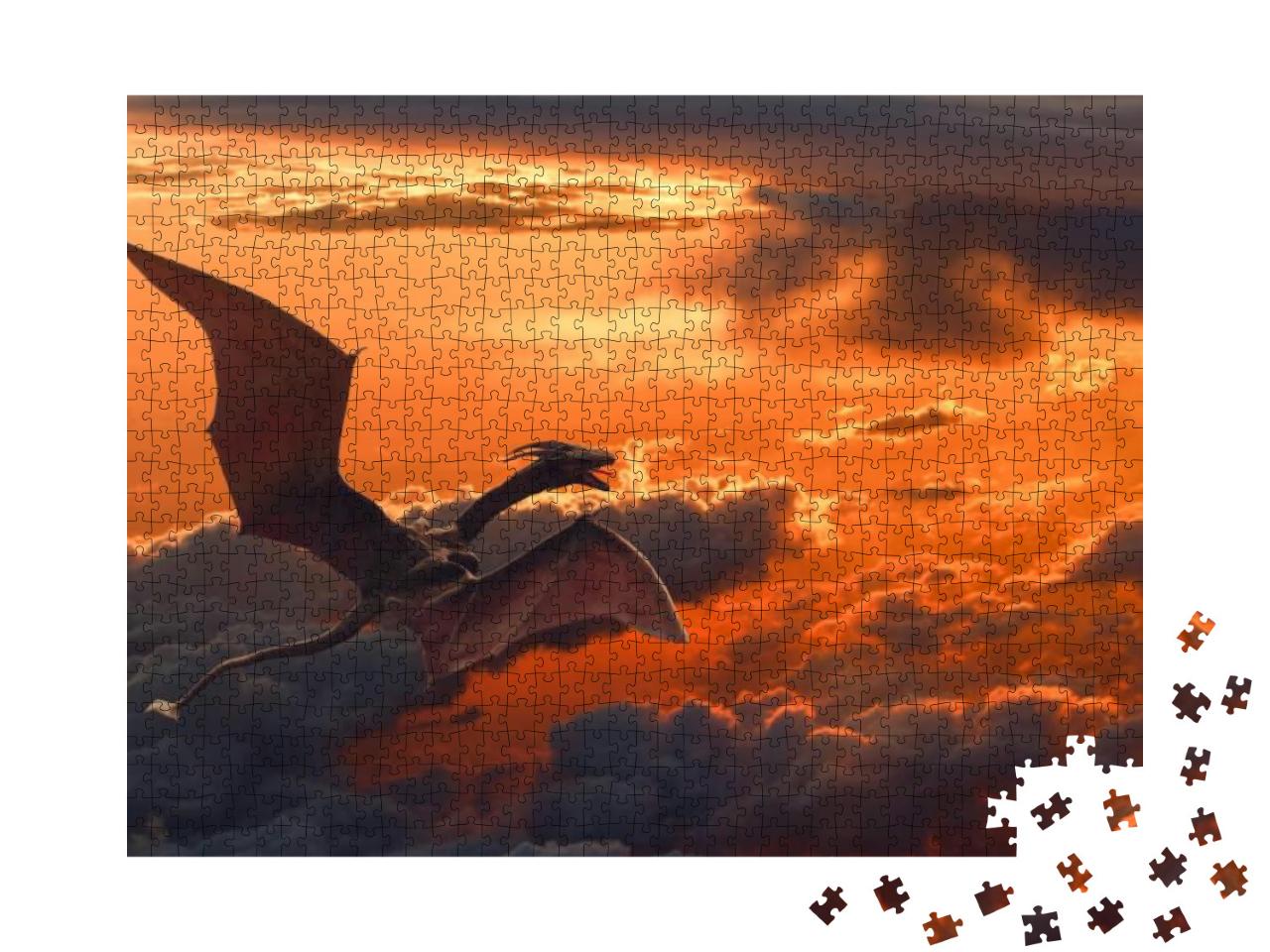 A Dragon Flying Over Orange Sunset Clouds... Jigsaw Puzzle with 1000 pieces