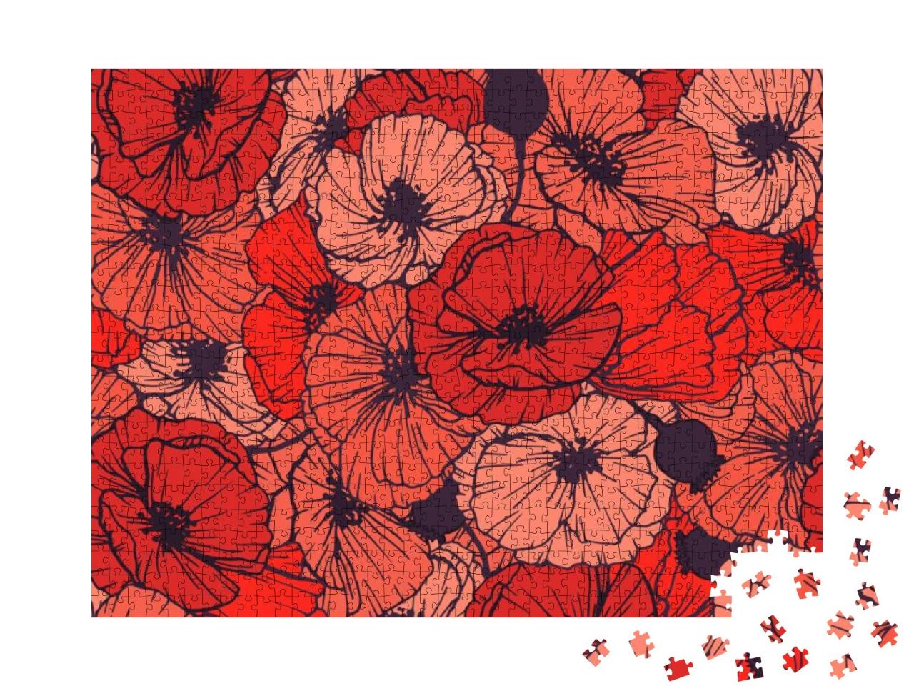 Red Poppies Seamless Pattern. Summer Flowers in Linear En... Jigsaw Puzzle with 1000 pieces