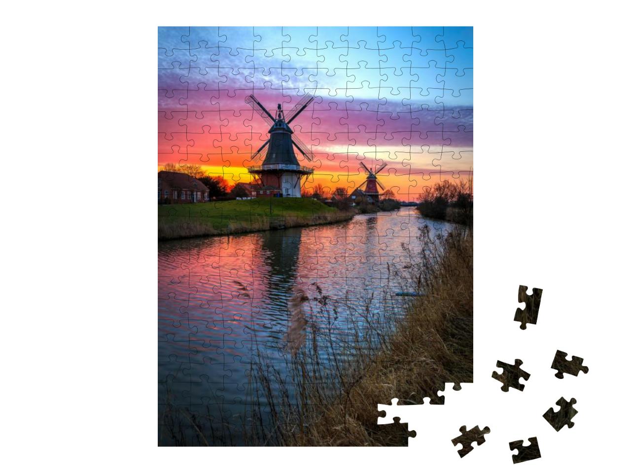 The Famous Twin Mills of Greetsiel, East Frisia At Sunris... Jigsaw Puzzle with 200 pieces