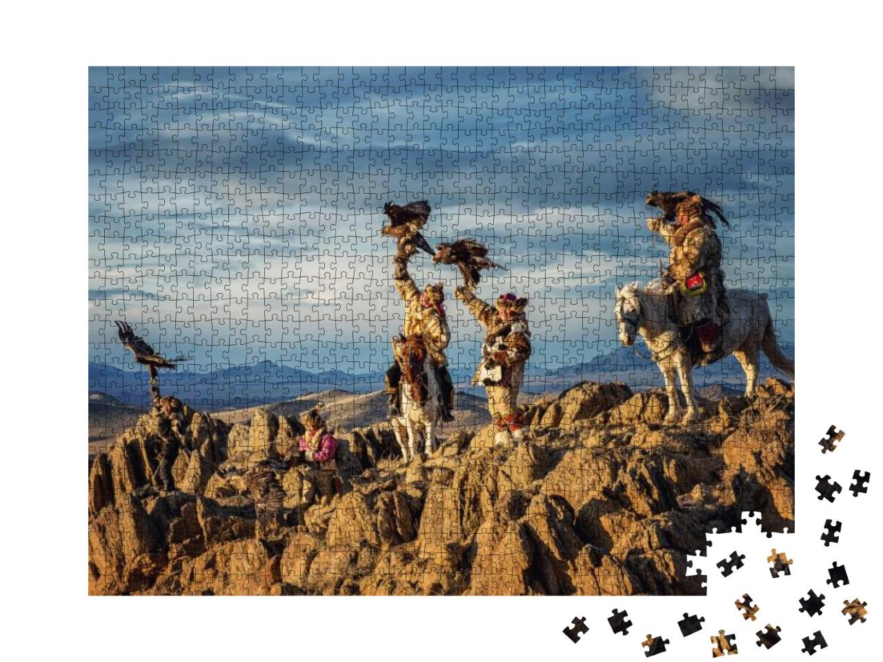 Mongolian Eagle Hunters in Traditionally Wearing Typical... Jigsaw Puzzle with 1000 pieces