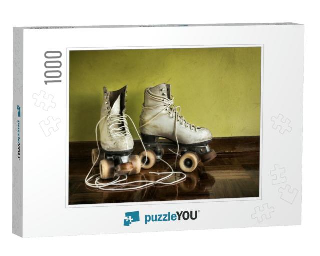 Old Worn Roller Skates with Big Shoe-Laces on a Yellow Wa... Jigsaw Puzzle with 1000 pieces