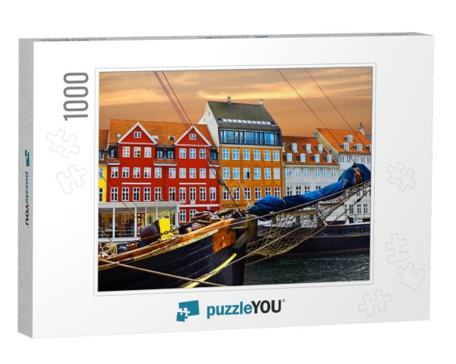 Copenhagen, Denmark. Yacht & Color Houses in Seafront Nyh... Jigsaw Puzzle with 1000 pieces