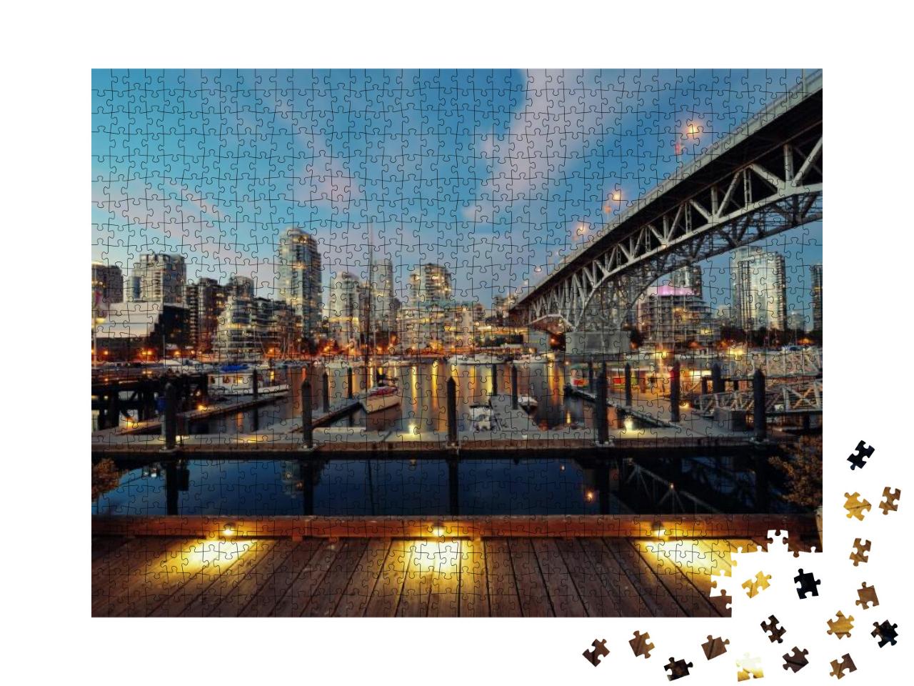Vancouver False Creek At Night with Bridge & Boat... Jigsaw Puzzle with 1000 pieces