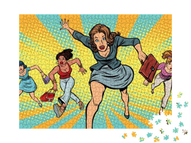 Women Running in Panic for Sale. Pop Art Retro Vector Ill... Jigsaw Puzzle with 1000 pieces