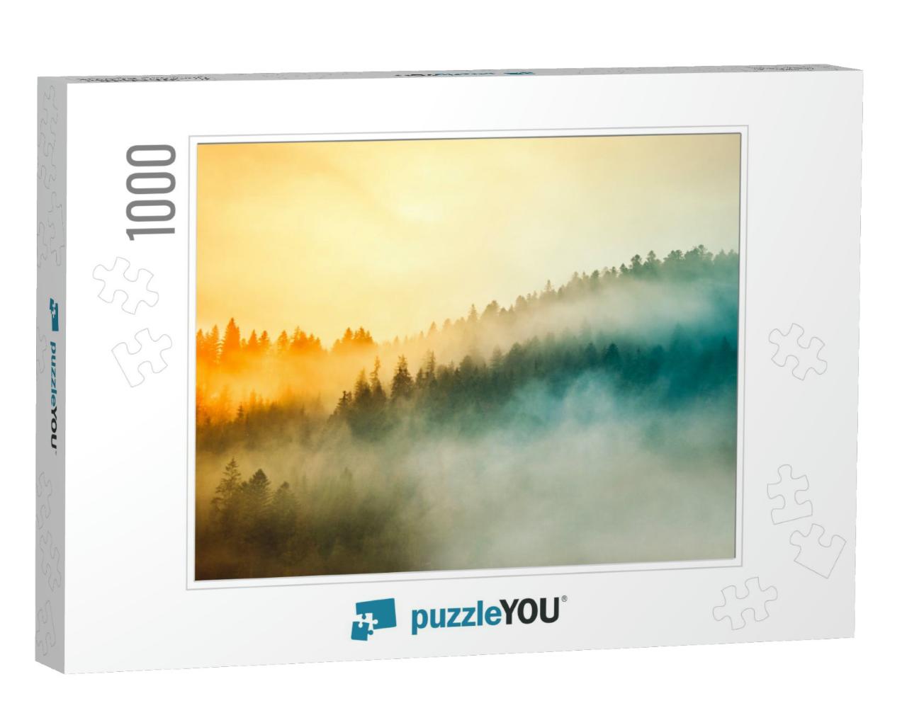 Colored Sunrise in Forested Mountain Slope with Fog... Jigsaw Puzzle with 1000 pieces