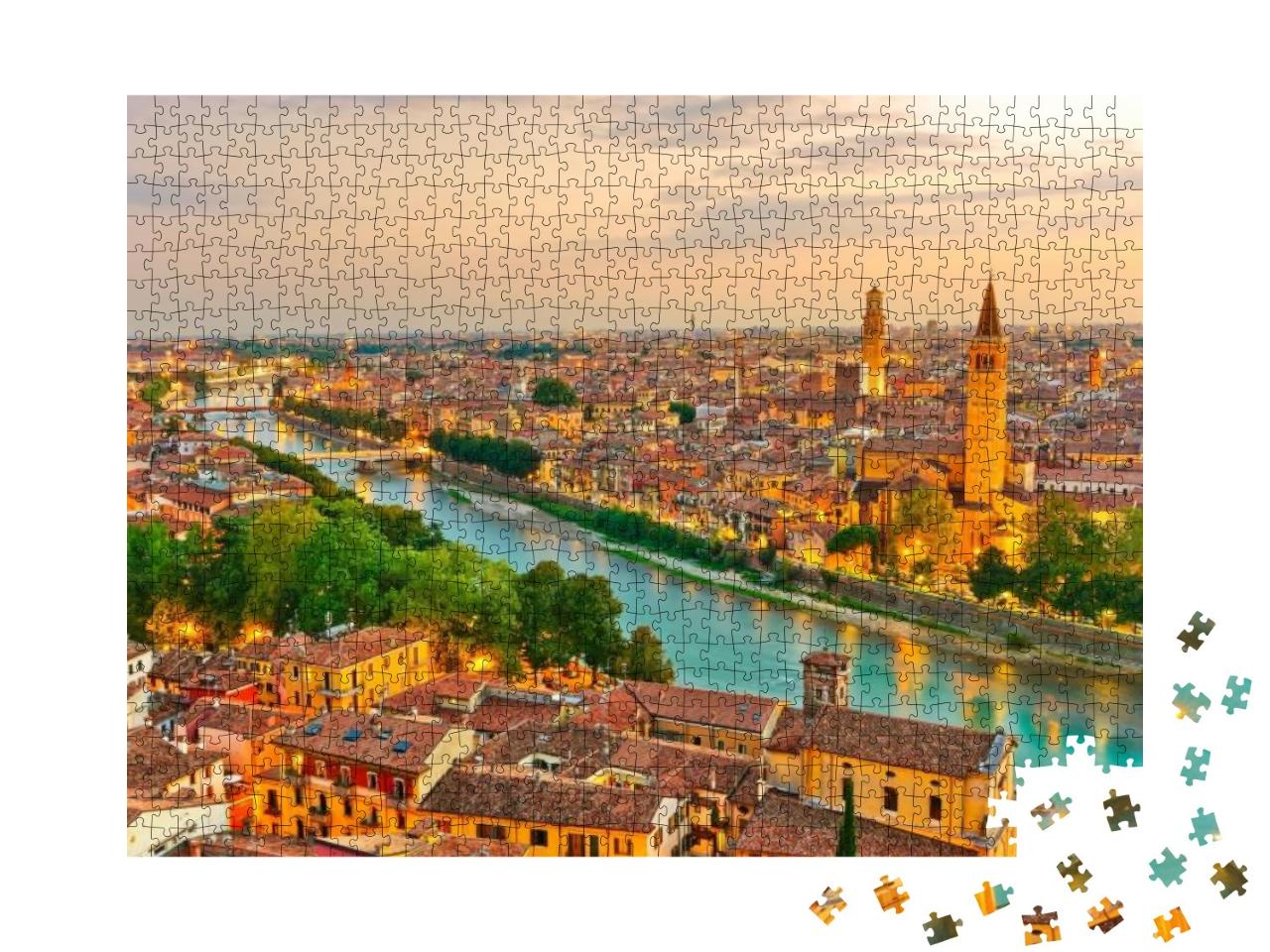 View of the Historic City Center Along Adige River At Sun... Jigsaw Puzzle with 1000 pieces