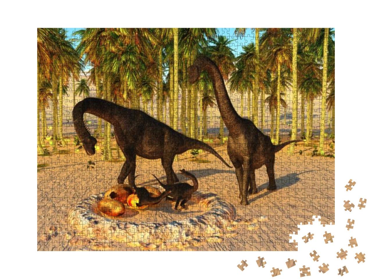 Dinosaur Baby Nest 3D Illustration - Two Brachiosaurus Pa... Jigsaw Puzzle with 1000 pieces