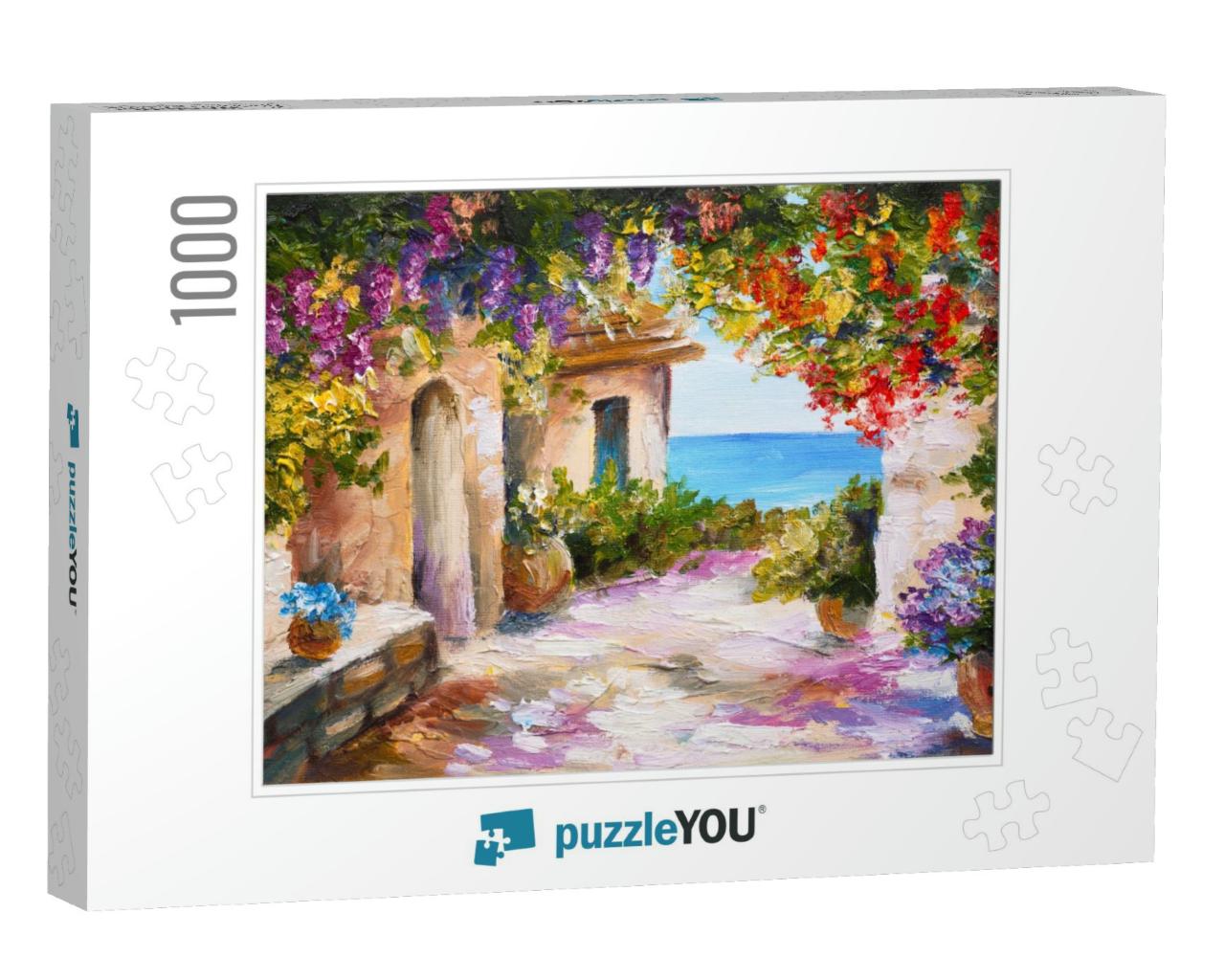 Oil Painting - House Near the Sea, Colorful Flowers, Summ... Jigsaw Puzzle with 1000 pieces