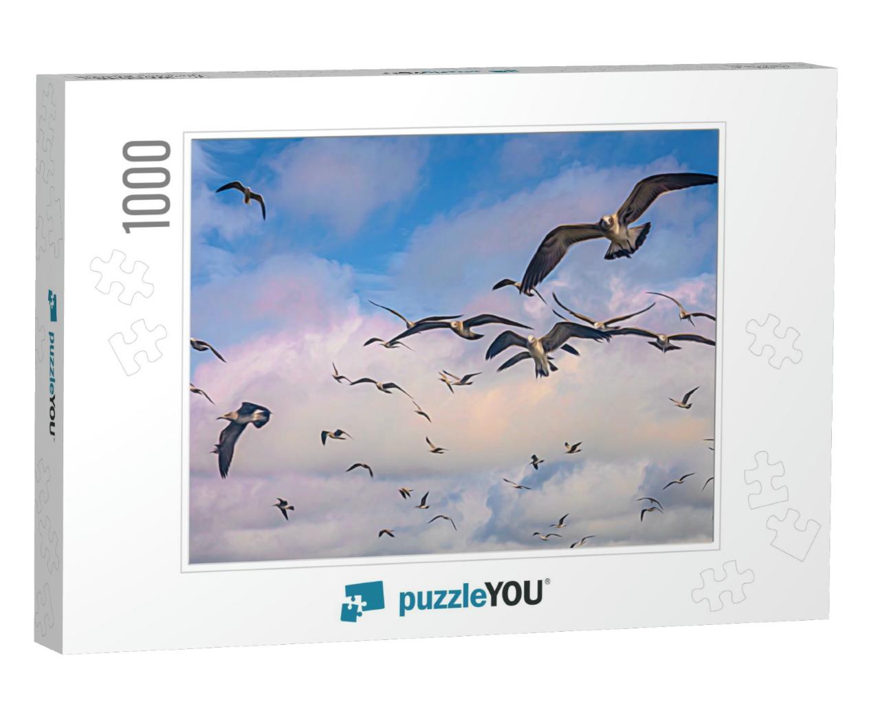 Flock of Seagulls, Probably Laughing Gulls Binomial Name... Jigsaw Puzzle with 1000 pieces