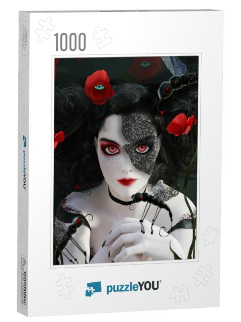 Dark Gothic Portrait of a Woman with Surreal Poppies & Bu... Jigsaw Puzzle with 1000 pieces