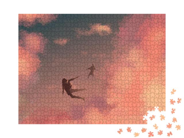 Skydiving. People Are Flying in the Clouds, Digital Art S... Jigsaw Puzzle with 1000 pieces