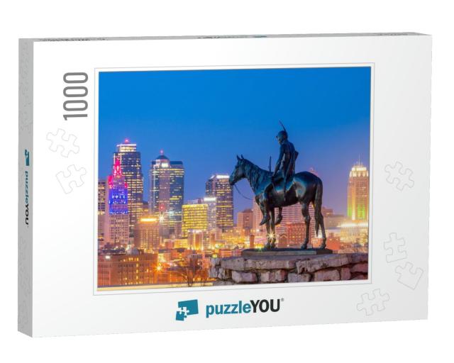 Kansas City Skyline with the Scout Overlooking108 Years O... Jigsaw Puzzle with 1000 pieces