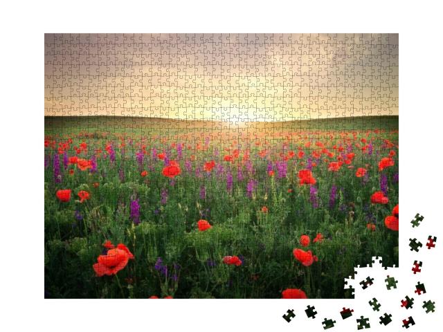 Field with Grass, Violet Flowers & Red Poppies Against th... Jigsaw Puzzle with 1000 pieces
