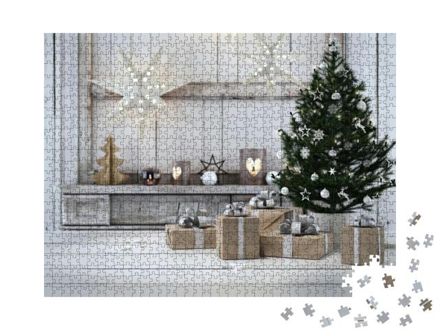 3D Rendering. Beautiful Gift with Christmas Ornaments... Jigsaw Puzzle with 1000 pieces