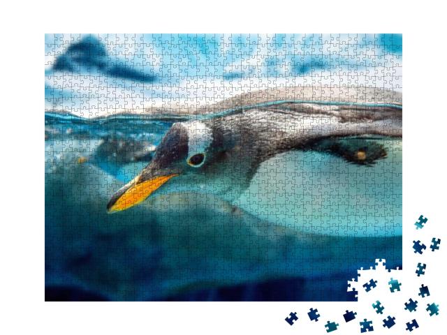 Penguin Swimming in Blue Water... Jigsaw Puzzle with 1000 pieces
