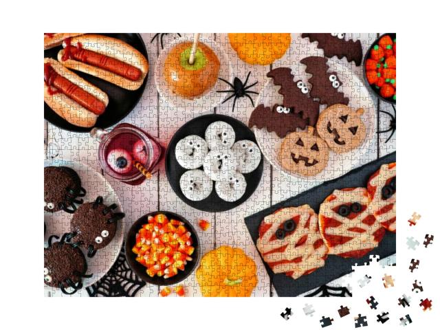 Halloween Party Food Corner Table Scene Over a White Wood... Jigsaw Puzzle with 1000 pieces