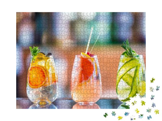 Tree Colorful Gin Tonic Cocktails in Glasses on Bar Count... Jigsaw Puzzle with 1000 pieces