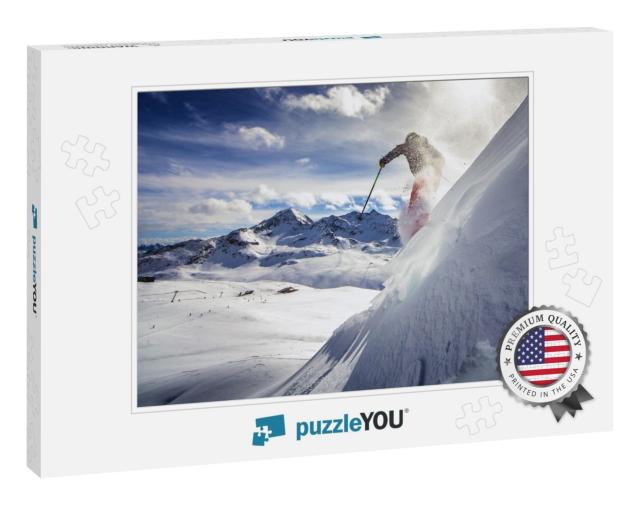 Free Ride Skier, Skiing Down Steep Slope, Good Background... Jigsaw Puzzle