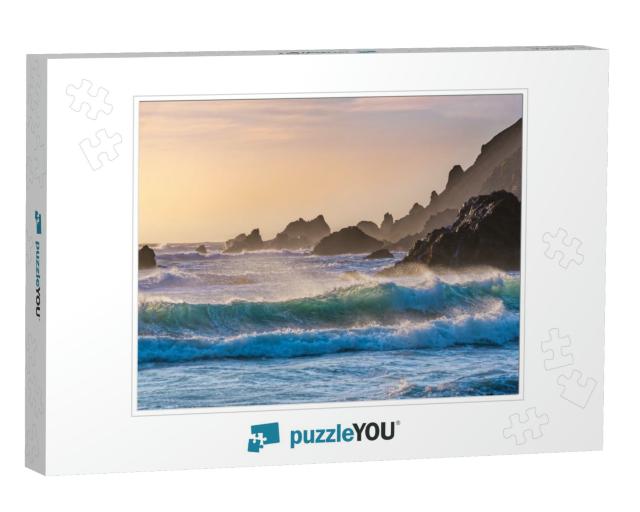 Breakers Roll in At Sunset on Pfeiffer Beach in Big Sur... Jigsaw Puzzle