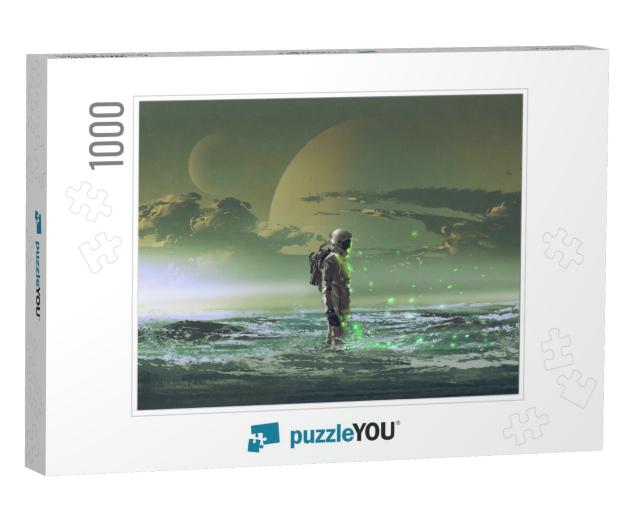 The Astronaut Standing by the Sea Against Background of t... Jigsaw Puzzle with 1000 pieces