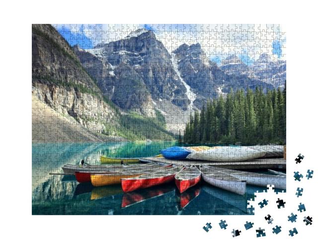 Canoes on a Jetty At Moraine Lake, Banff National Park in... Jigsaw Puzzle with 1000 pieces