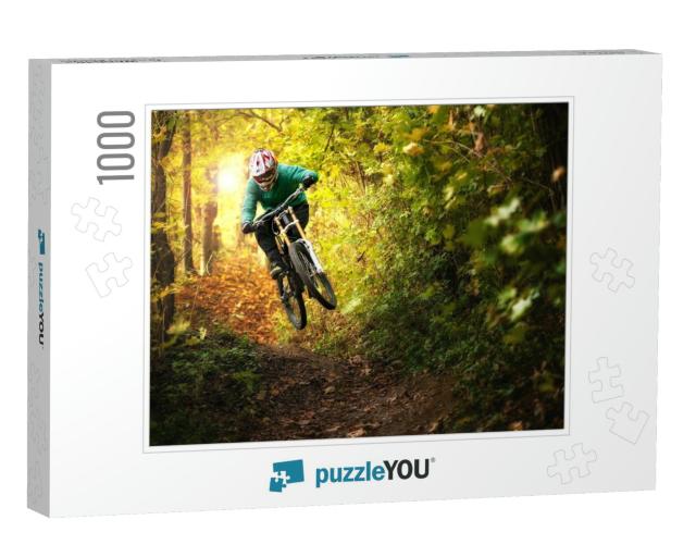 Mountain Biker Rides in Autumn Forest... Jigsaw Puzzle with 1000 pieces