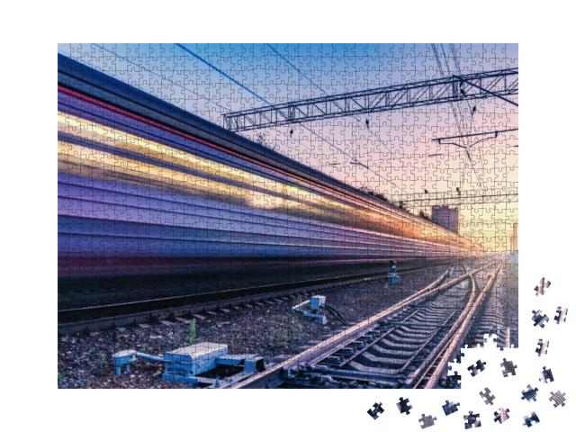 Passenger Train Moves Fast At Sunset Time... Jigsaw Puzzle with 1000 pieces