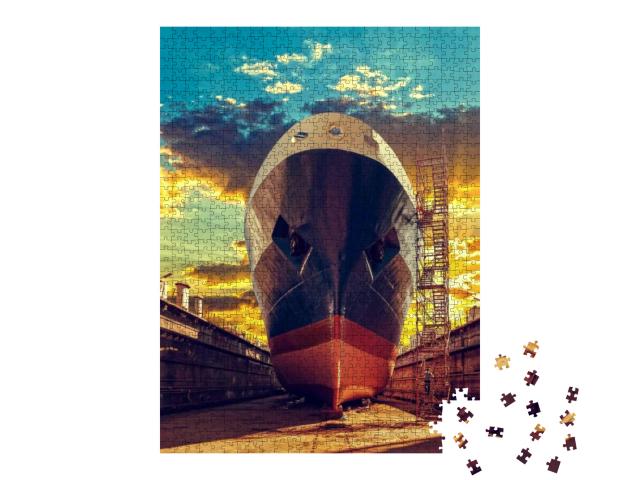Ship in Dry Dock At Sunrise - Shipyard in Gdansk, Poland... Jigsaw Puzzle with 1000 pieces