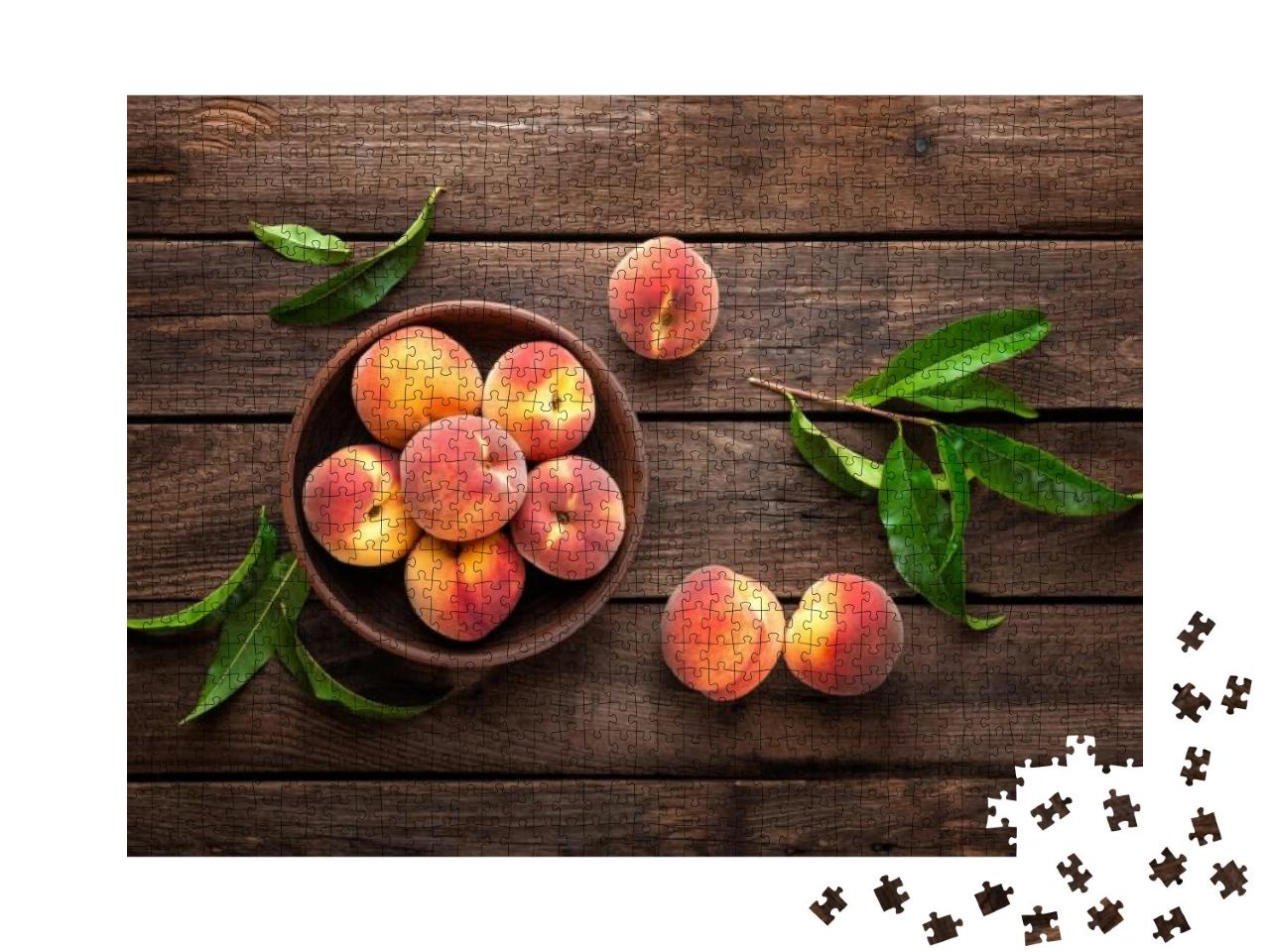 Fresh Juicy Peaches with Leaves on Dark Wooden Rustic Bac... Jigsaw Puzzle with 1000 pieces