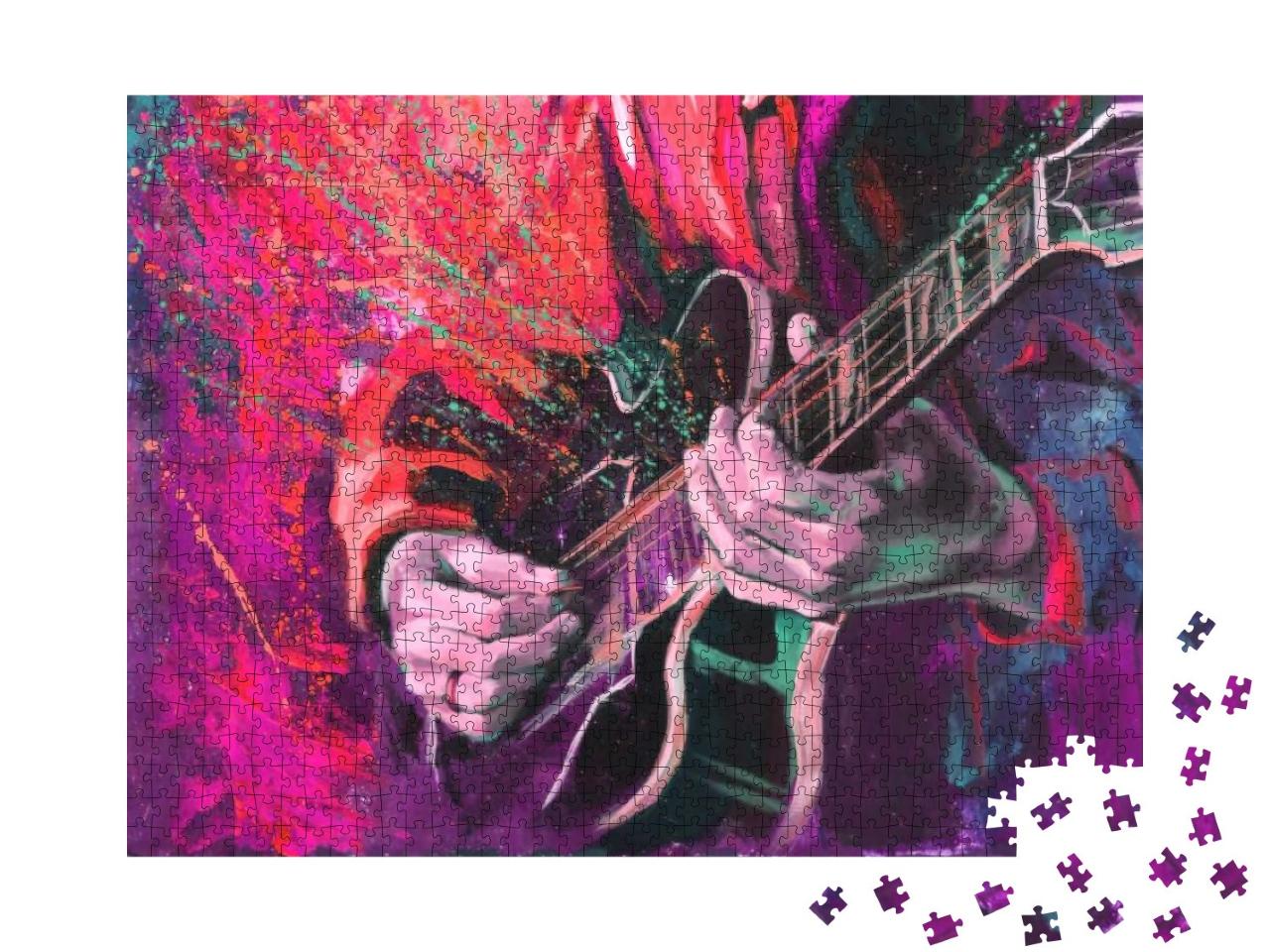 Jazz Guitarists Hands, Playing Guitar, with Multicolored... Jigsaw Puzzle with 1000 pieces