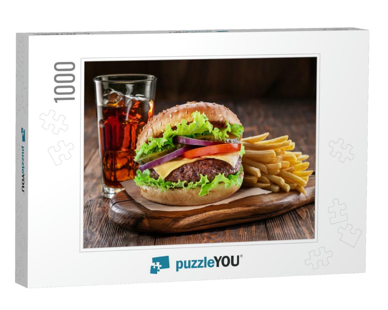 Delicious Hamburger with Cola & Potato Fries on a Wooden... Jigsaw Puzzle with 1000 pieces
