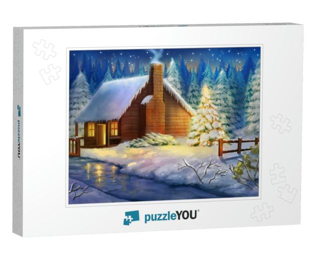 Christmas Night Winter Warm Cabin. Snow Land. Fantasy Bac... Jigsaw Puzzle