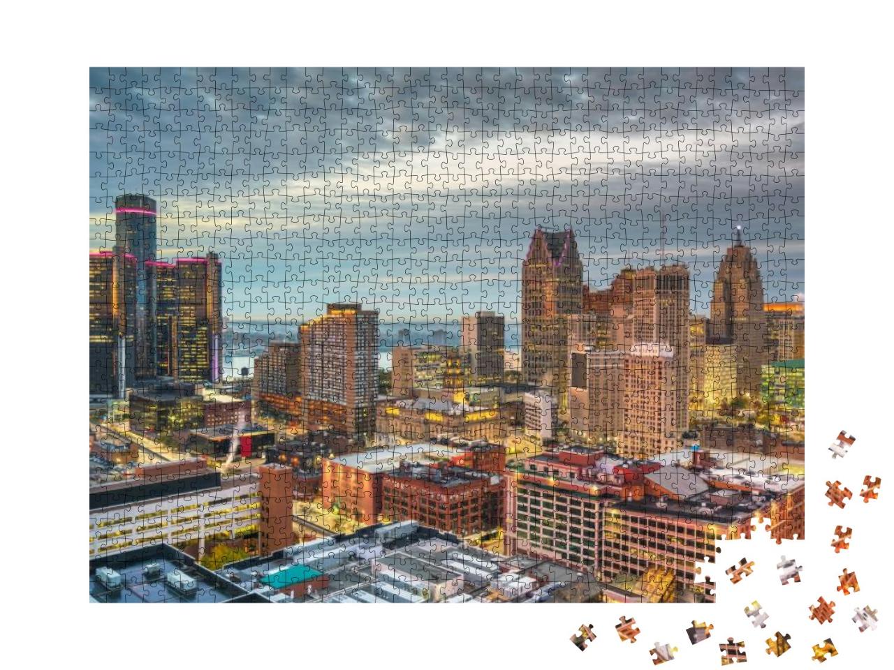 Detroit, Michigan, USA Downtown Skyline from Above At Dusk... Jigsaw Puzzle with 1000 pieces