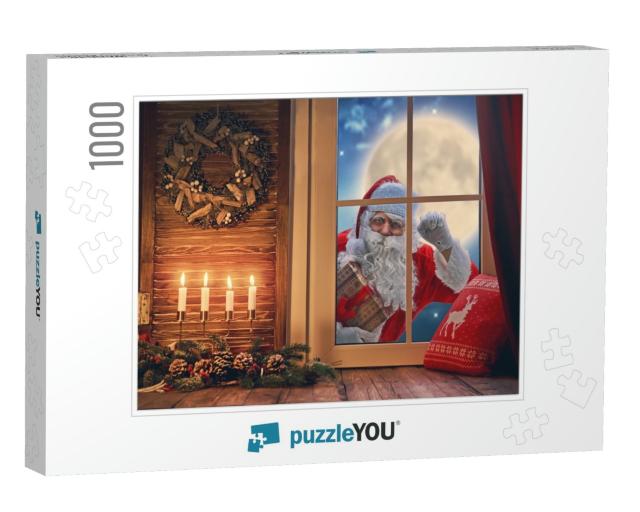 Merry Christmas! Santa Claus is Knocking At Window. Room... Jigsaw Puzzle with 1000 pieces