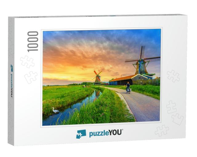 Traditional Village with Dutch Windmills & River At Sunse... Jigsaw Puzzle with 1000 pieces