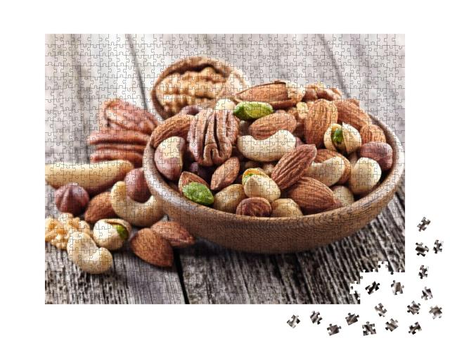 Nuts Mix in a Wooden Plate... Jigsaw Puzzle with 1000 pieces