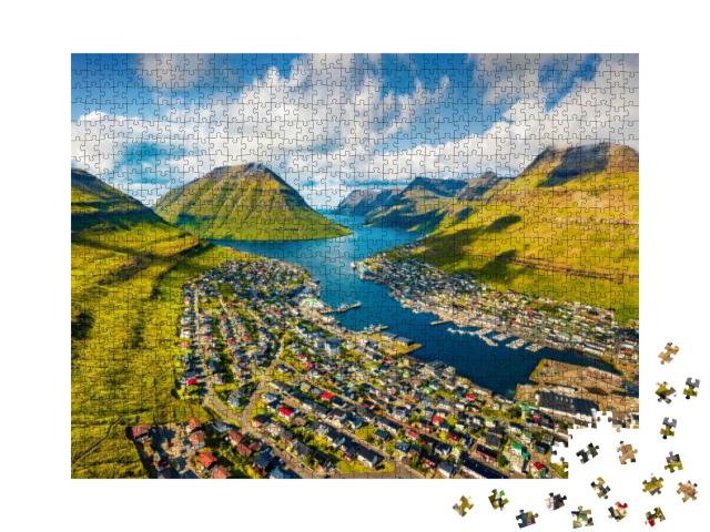 View from Flying Drone. Sunny Summer Cityscape of Klaksvi... Jigsaw Puzzle with 1000 pieces
