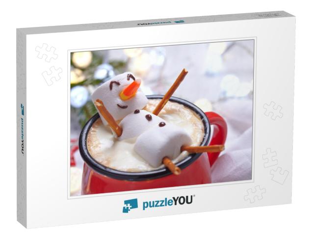 Red Mug with Hot Chocolate with Melted Marshmallow Snowma... Jigsaw Puzzle