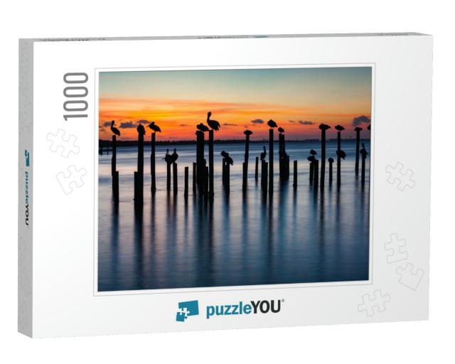Sunset Silhouettes of Pelicans on Old Pier Pilings in Des... Jigsaw Puzzle with 1000 pieces