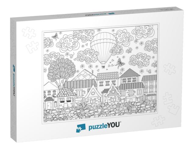 Hot Air Balloon in the Sky Above the Cute City for Your C... Jigsaw Puzzle