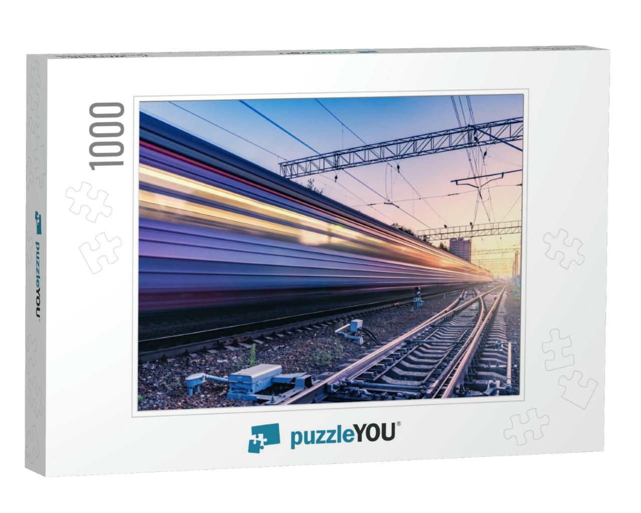 Passenger Train Moves Fast At Sunset Time... Jigsaw Puzzle with 1000 pieces