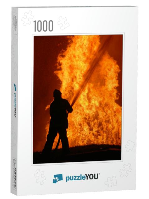 Lone Fireman Battling Against Raging Fire, Note Shallow F... Jigsaw Puzzle with 1000 pieces